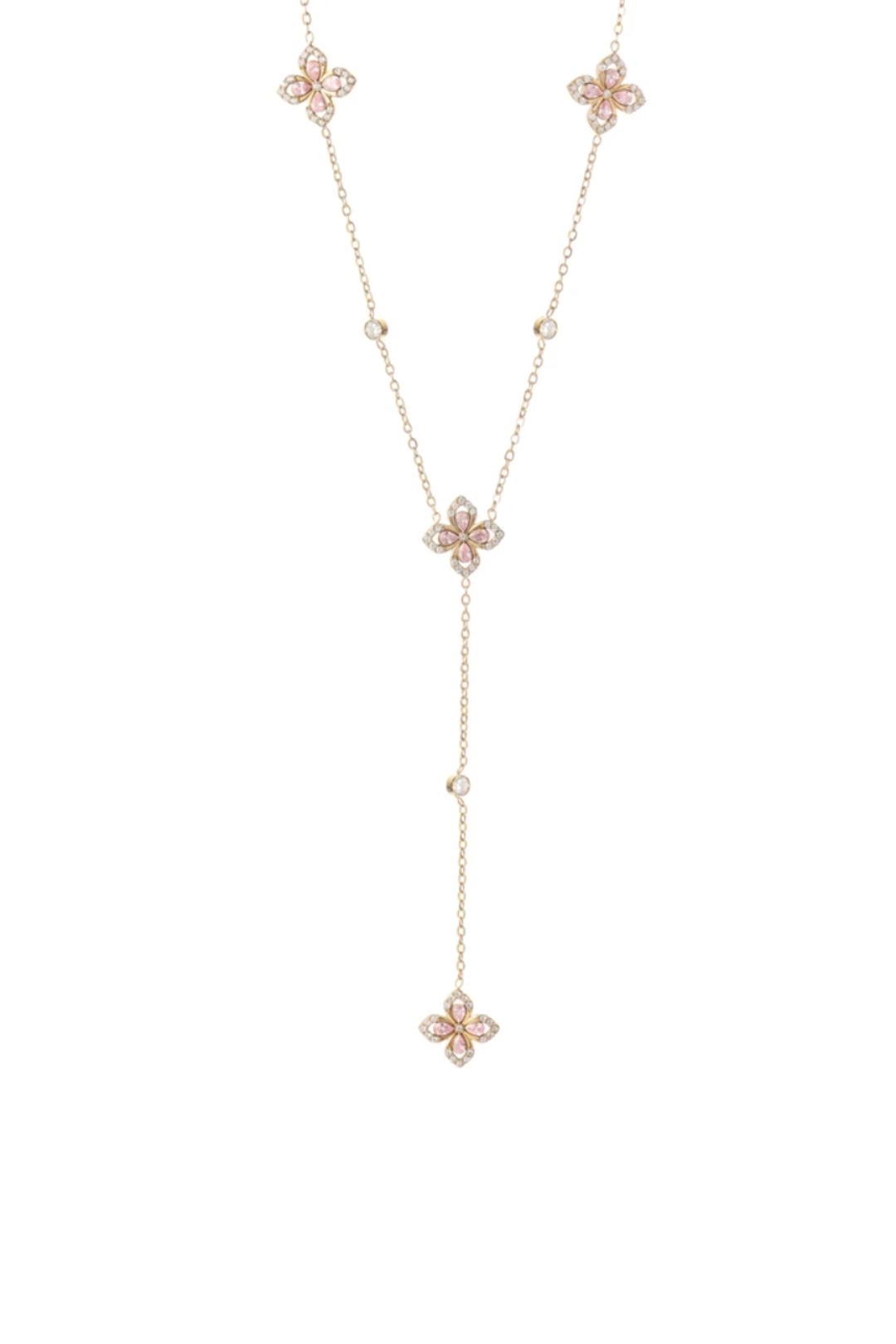 Collier lariat trèfle doré serti de pierres roses