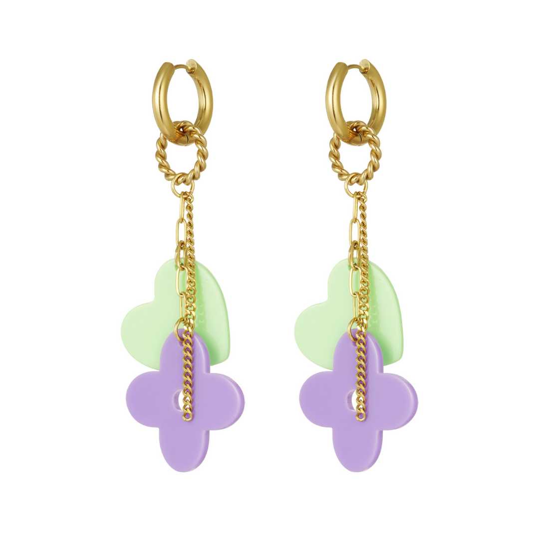 Créoles dorées à breloques cœur et fleur en acrylique vert et violet