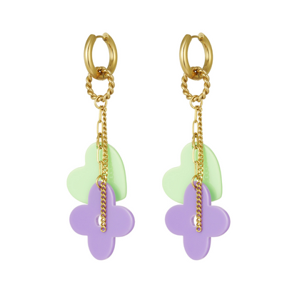 Créoles dorées à breloques cœur et fleur en acrylique vert et violet