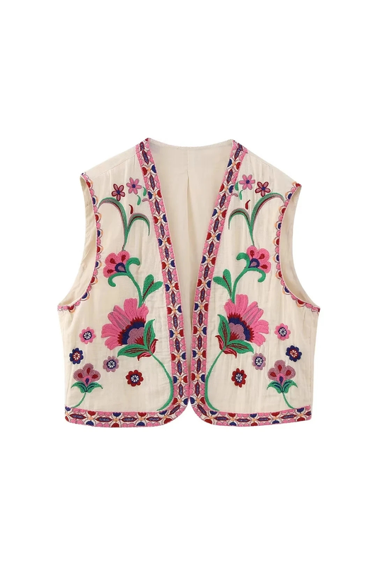 Gilet sans manches brodé fleurs coloris crème