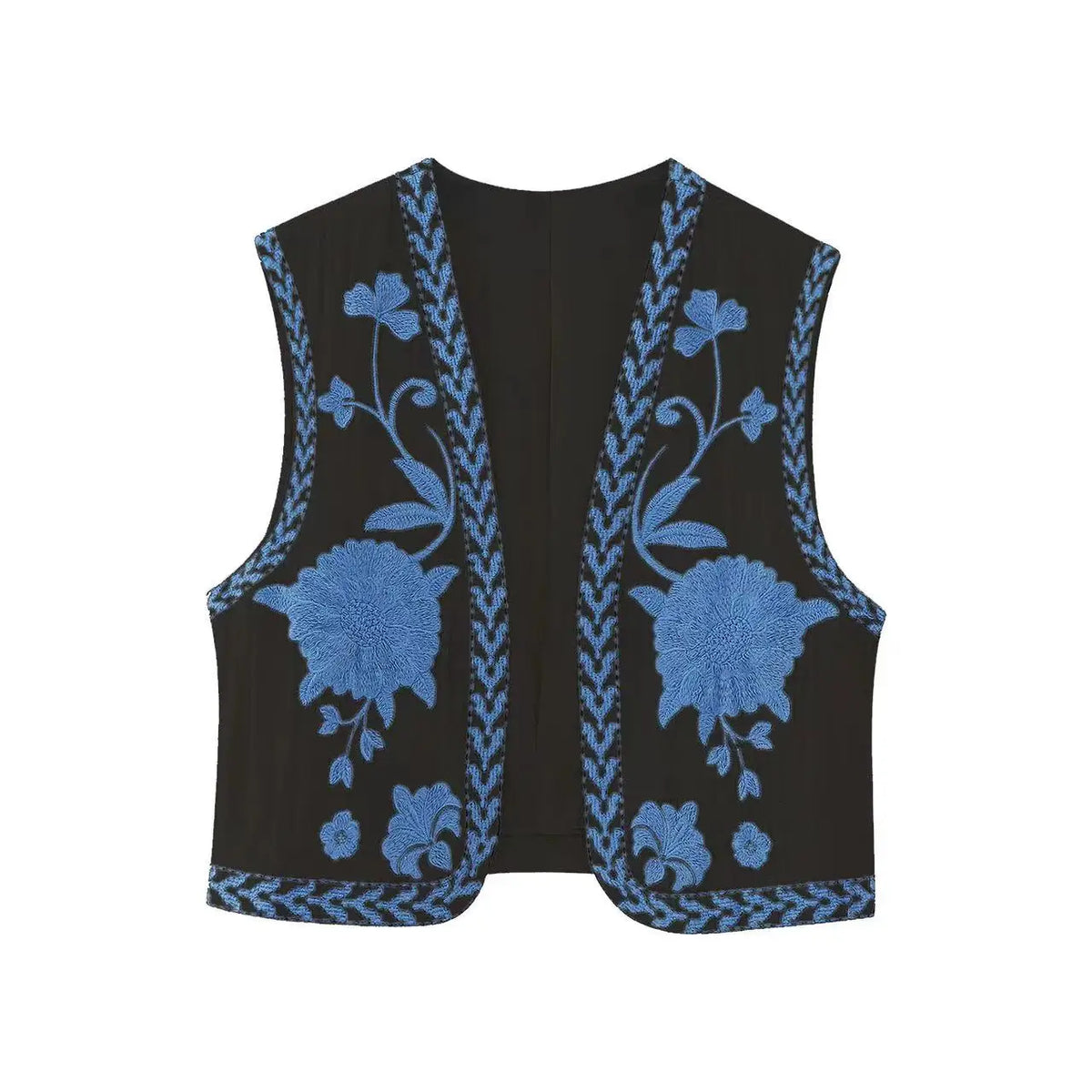 Gilet sans manches brodé fleurs coloris noir et bleu