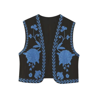 Gilet sans manches brodé fleurs coloris noir et bleu
