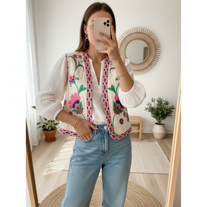 Femme portant le gilet sans manches brodé fleurs sur un jean