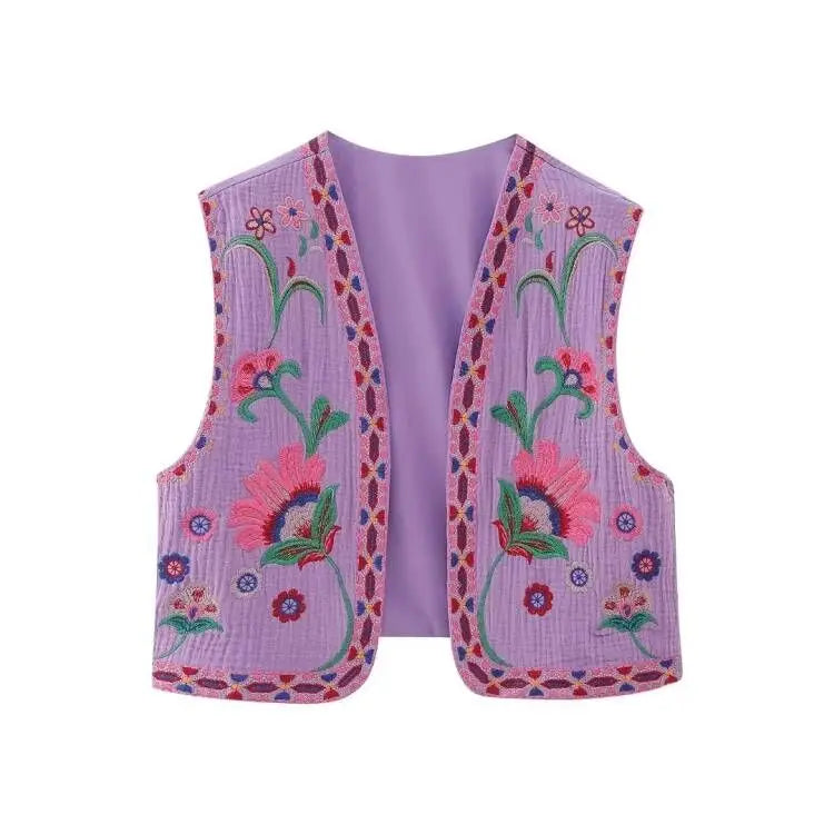 Gilet sans manches brodé fleurs coloris violet floral
