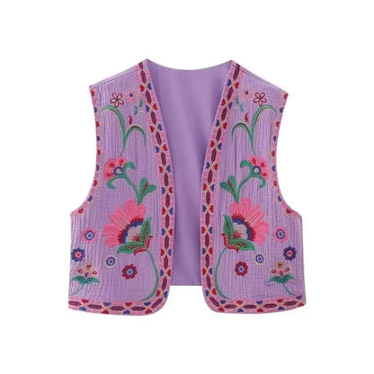 Gilet sans manches brodé fleurs coloris violet floral