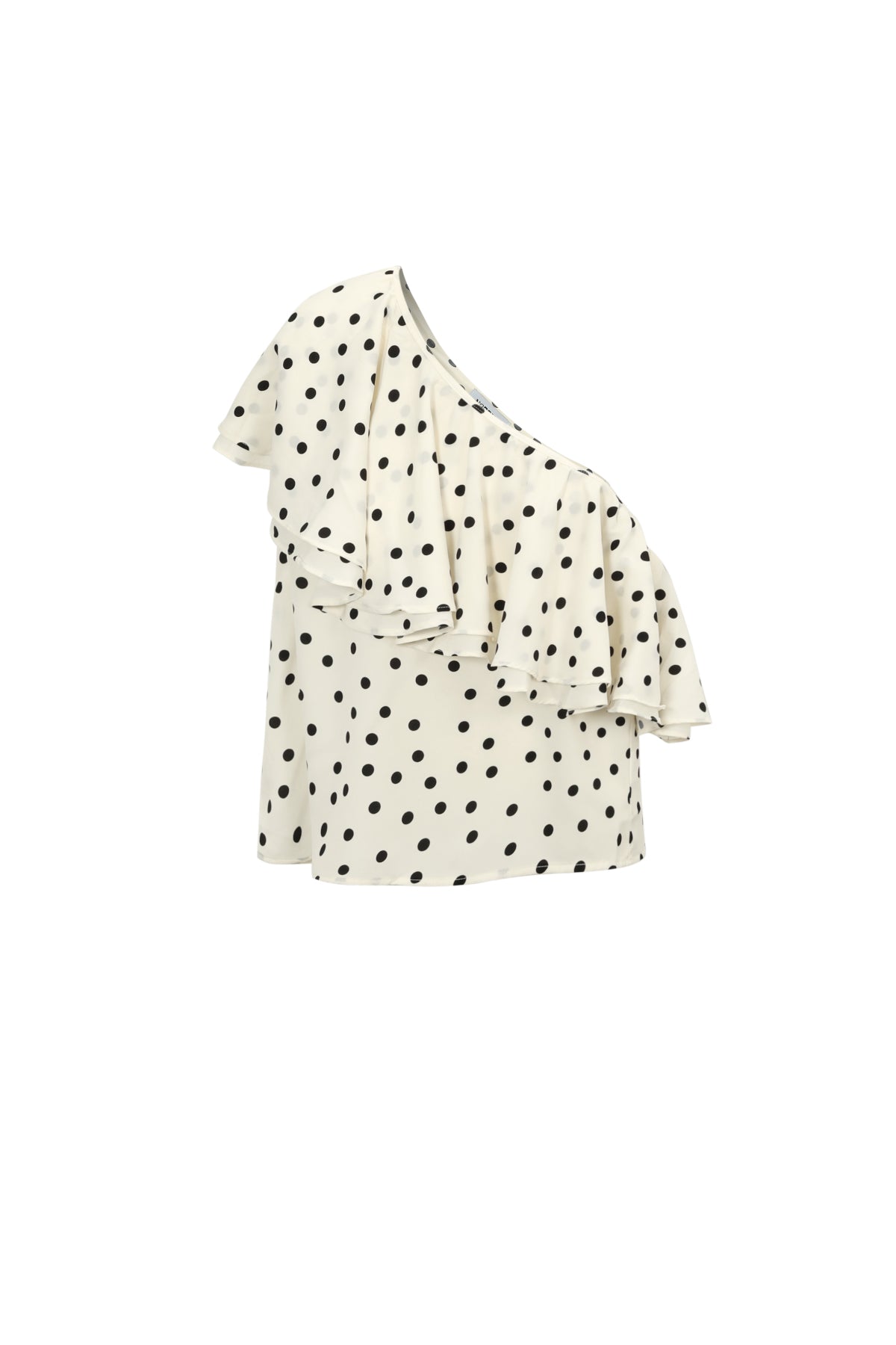 Haut one-shoulder pois blanc crème fond noir flatlay