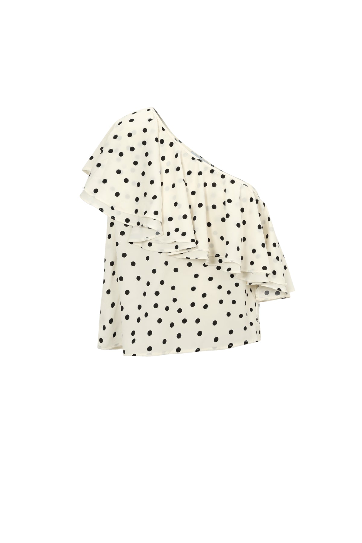 Haut épaule dénudée gros pois blanc crème porté de face