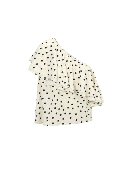Haut épaule dénudée gros pois blanc crème porté de face