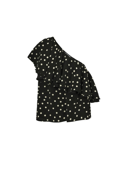 Haut asymétrique épaule dénudée pois noir et blanc volants flatlay