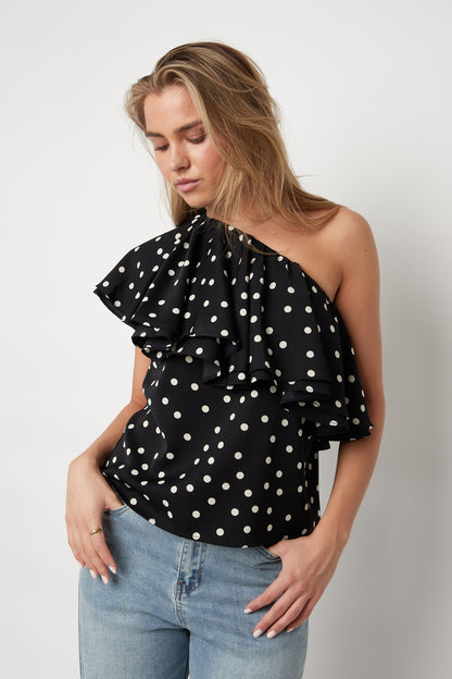 Portrait haut one-shoulder pois noir et blanc volants
