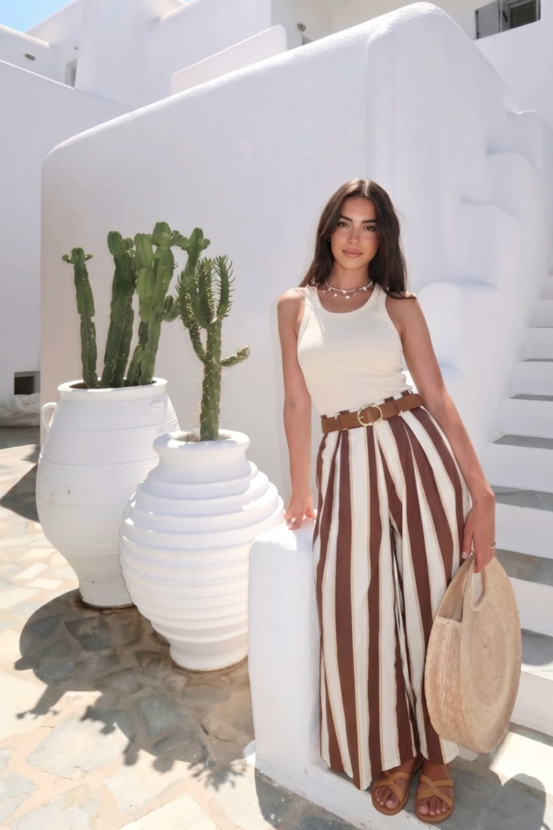 Pantalon palazzo rayé marron et blanc coton femme taille unique